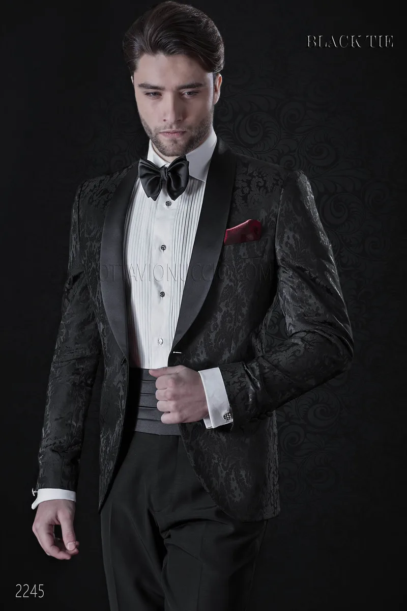 Smoking Sakko aus schwarze Jacquard mit Satin Revers 2