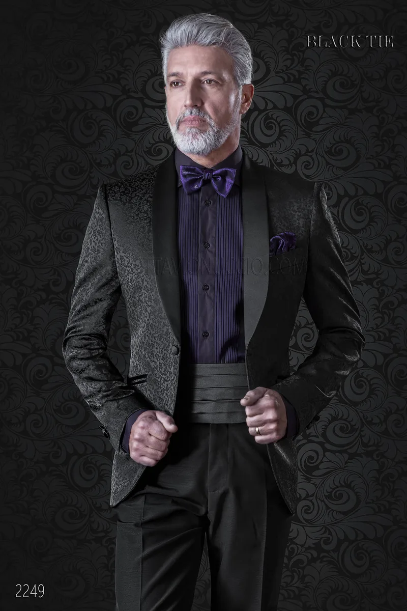 Black Jaquard italian tuxedo jacket with black trousers 1
