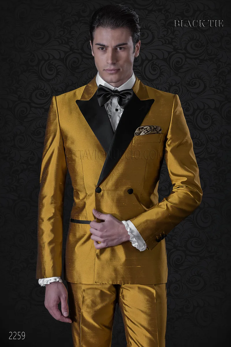 Italian luxury double breasted tuxedo in gold shantung 1