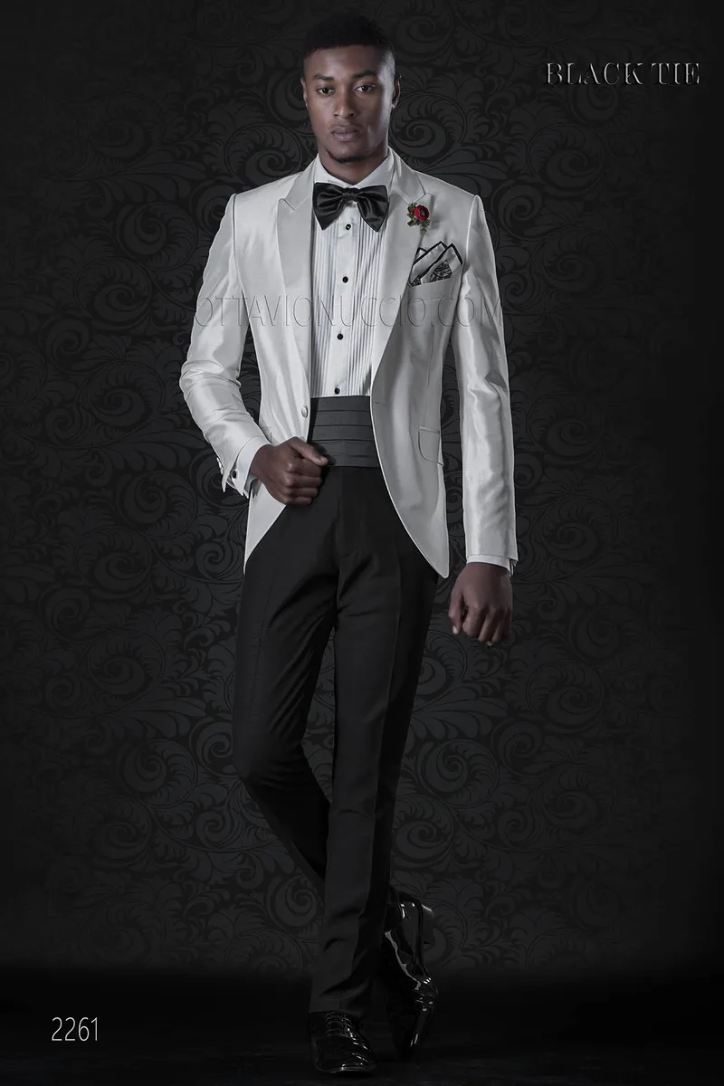Esmoquin blanco shantung mixto seda con pantalón negro 1