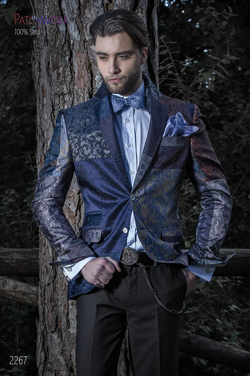 Patchwork Sakko aus blaue reiner Jacquard Seide 1