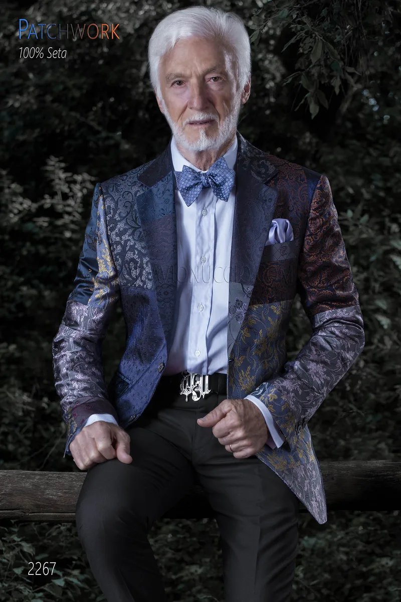 Patchwork Sakko aus blaue reiner Jacquard Seide 2