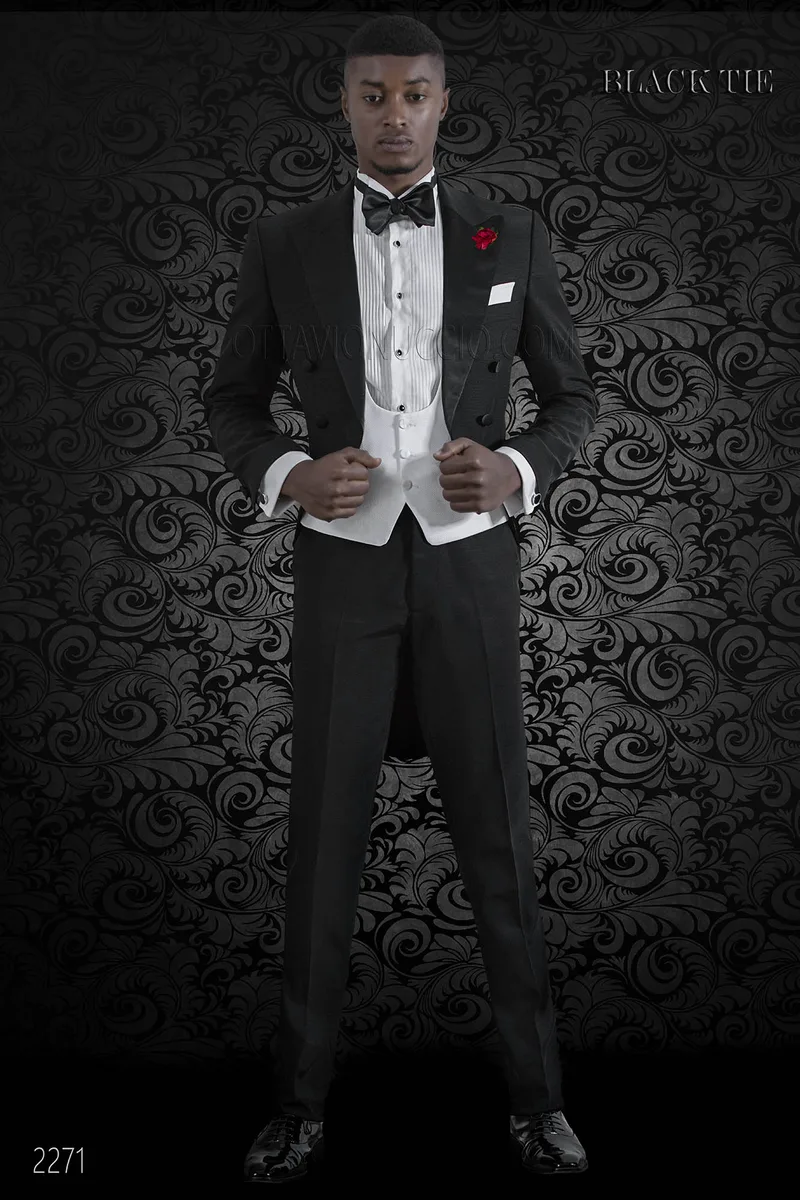 Italian luxury black Tailcoat with peak satin lapels 1