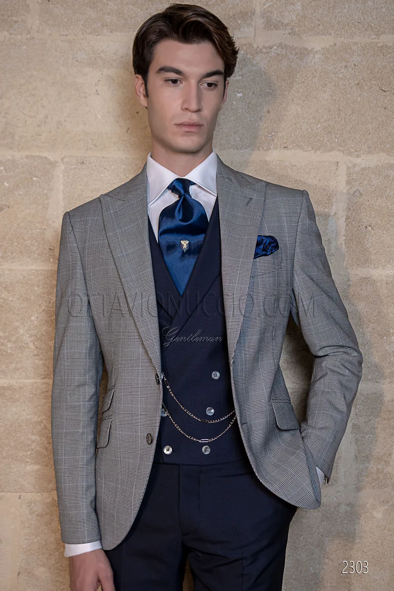 Traje de hombre Príncipe de Gales con chaleco y pantalón azul 1