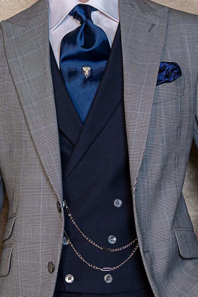 Gilet doppiopetto con rever in misto lana blu
