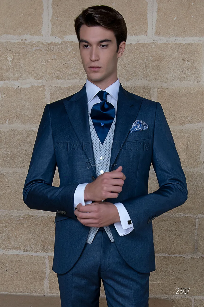 Costume italienne homme mariage bleu laine mélange fil a fil 1