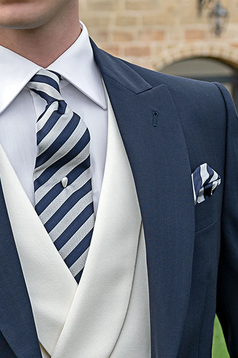 Cravatta e Fazzoletto in seta con righe blu e grigio