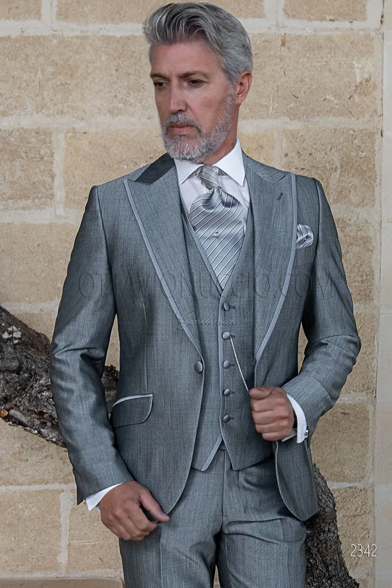 Bespoke light grey men wedding suit in mohair wool blend 1