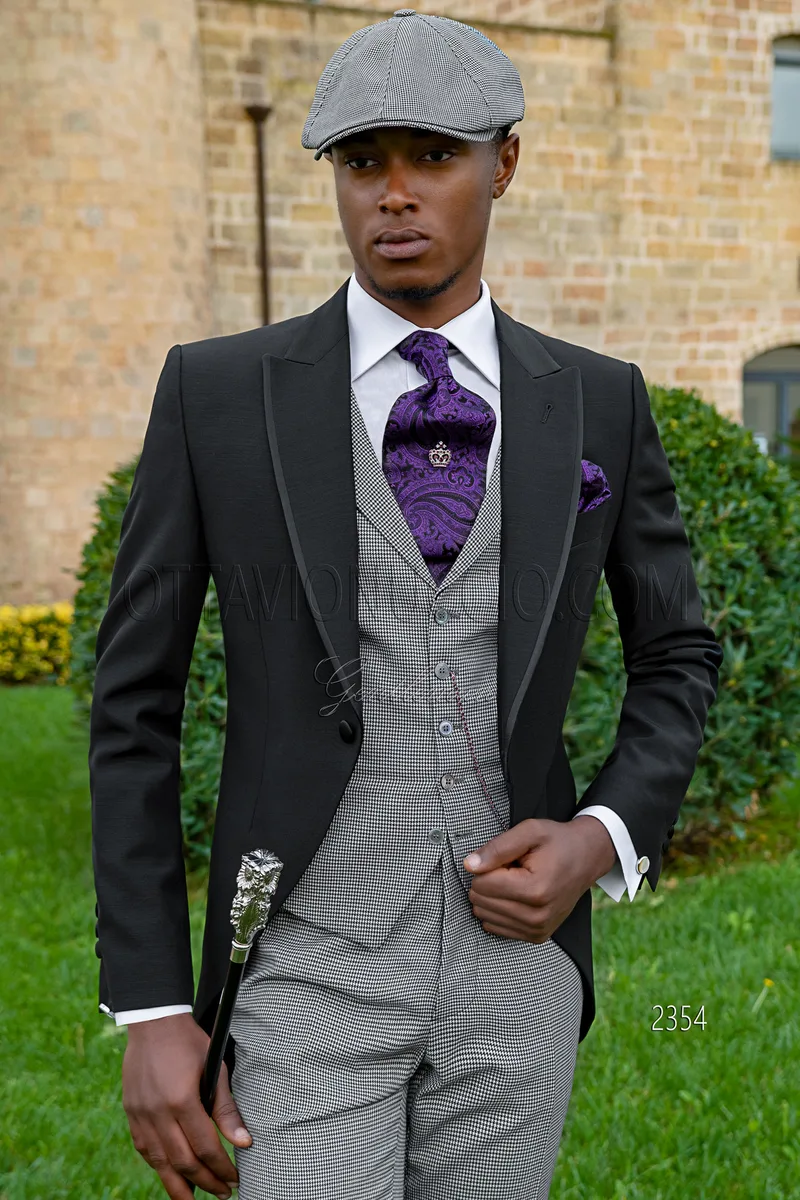 Chaqué moderno negro con pantalón y chaleco de pata de gallo 1