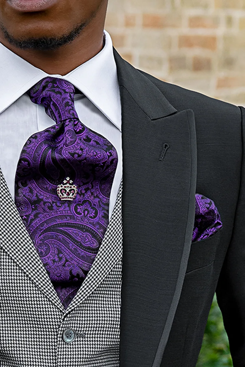 Cravattone e Fazzoletto in seta cachemire nero con viola scuro