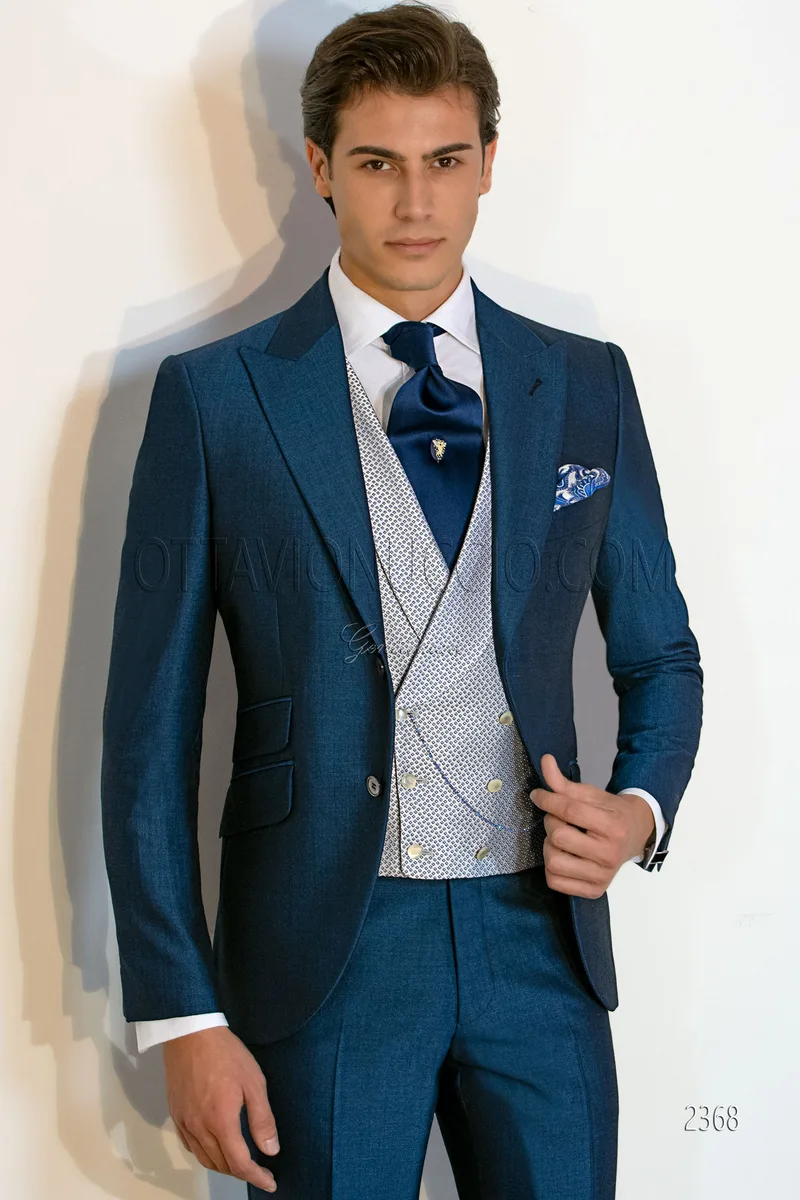Bespoke italian tailored royal blue mohair wool blend groom suit 1