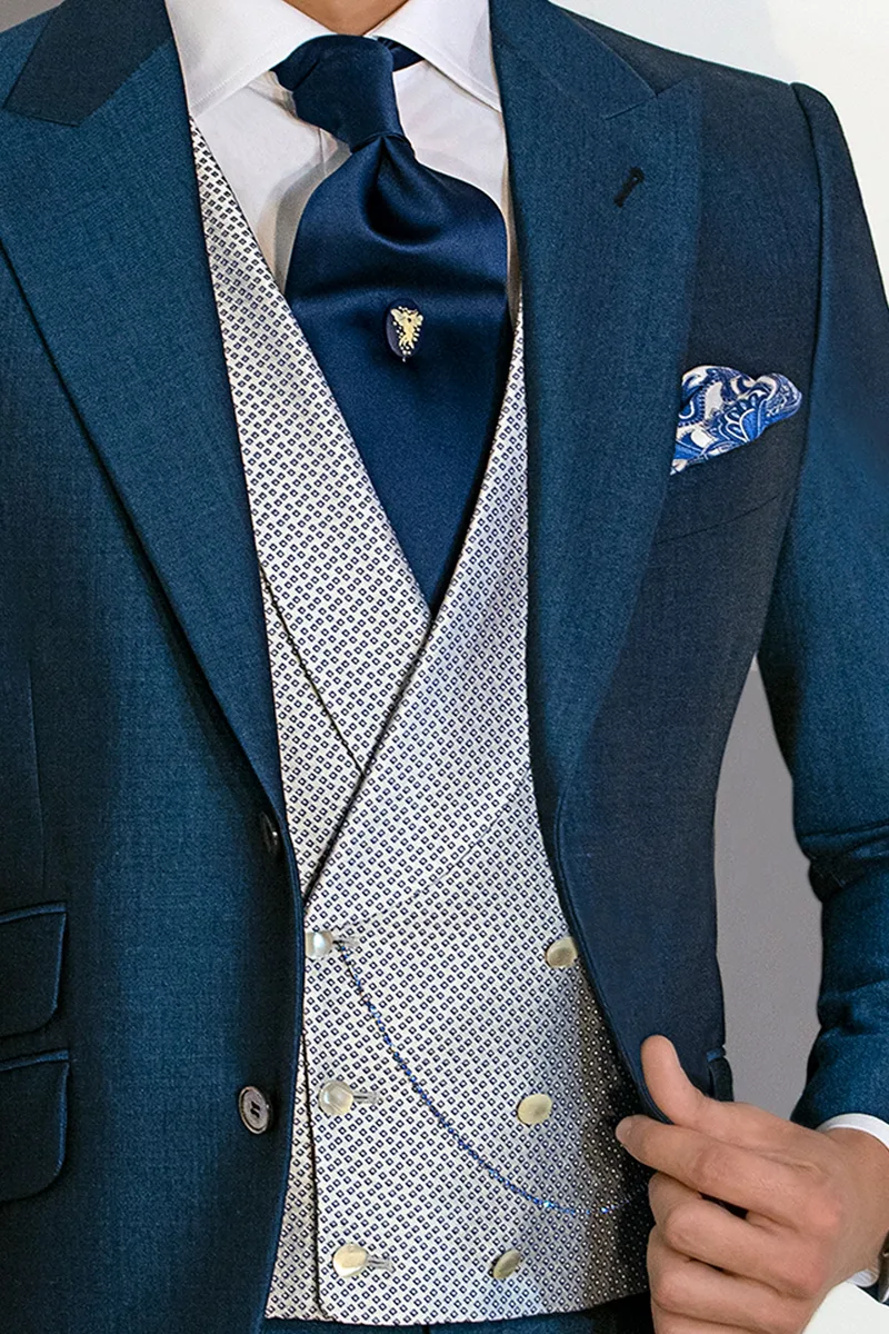 Gilet doppiopetto sciallato seta grigio perla motivi blu royal