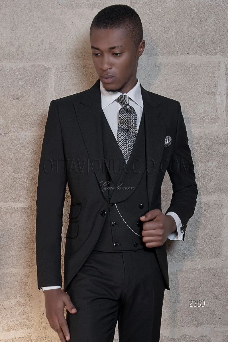 Costume italien homme moderne noir mix laine et gilet croisé 1