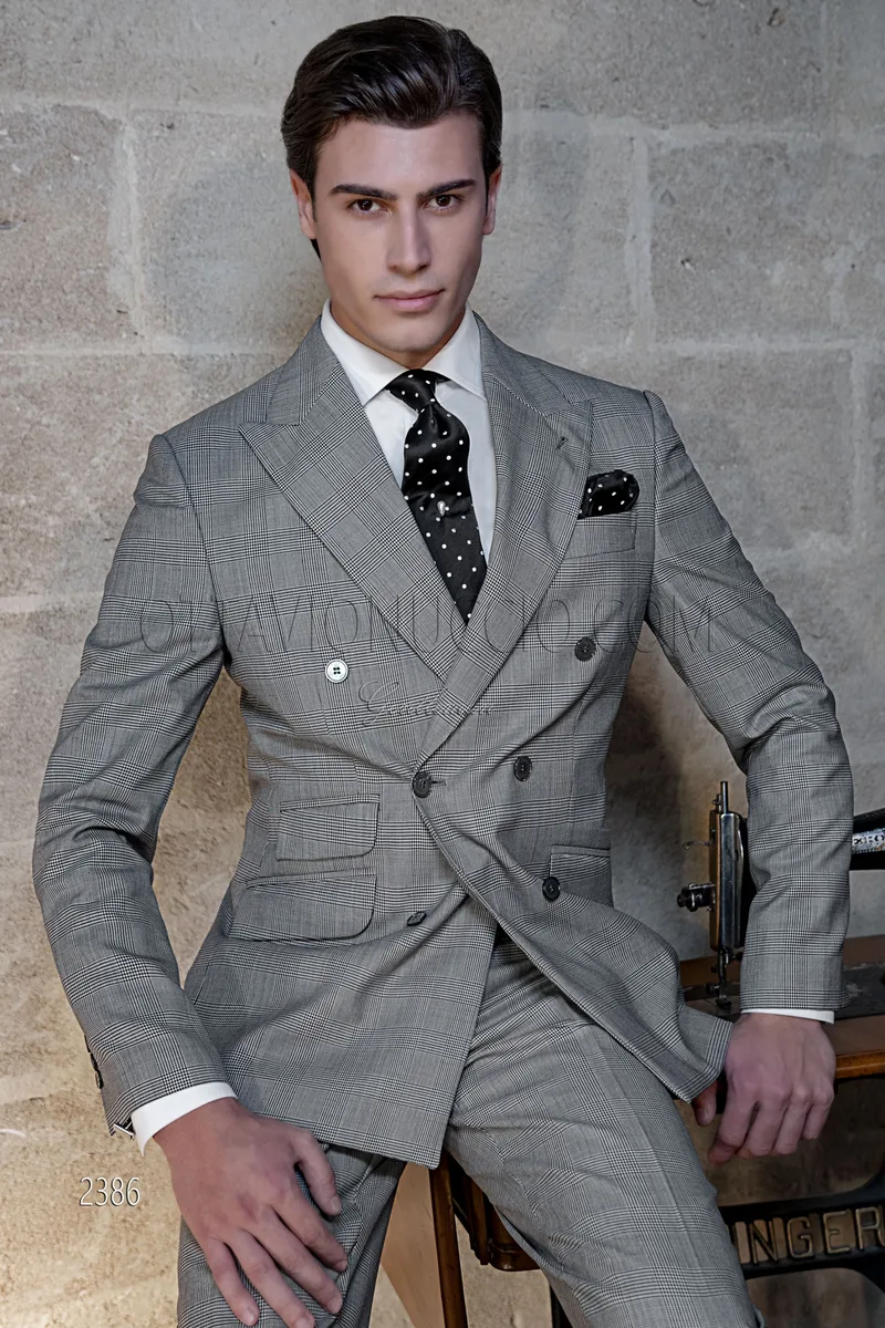 Traje italiano moderno cruzado Principe de Gales gris 1