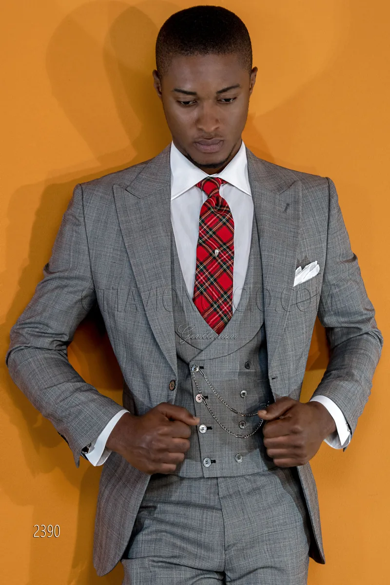 Italian dress prince of wales grey wedding suit for men 1