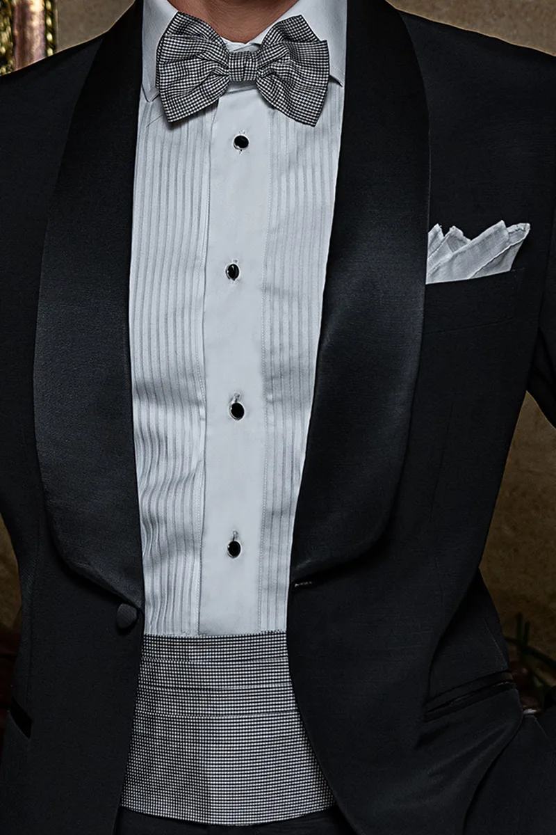 Kummerbund und Fliege, aus Seide Hahnentrittmuster