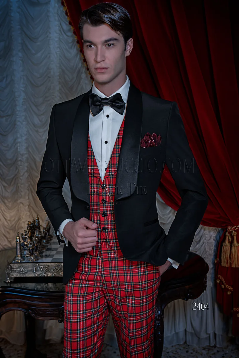 Costume smoking homme noir, pantalons et gilet tartan rouge 1