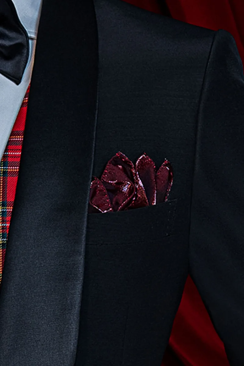 Costume smoking homme noir, pantalons et gilet tartan rouge 4
