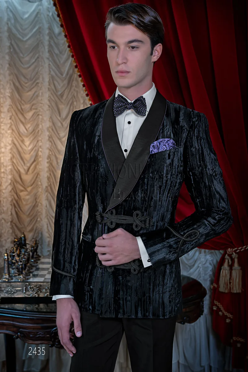 Black velvet italian double breasted tuxedo, satin shawl lapel 1