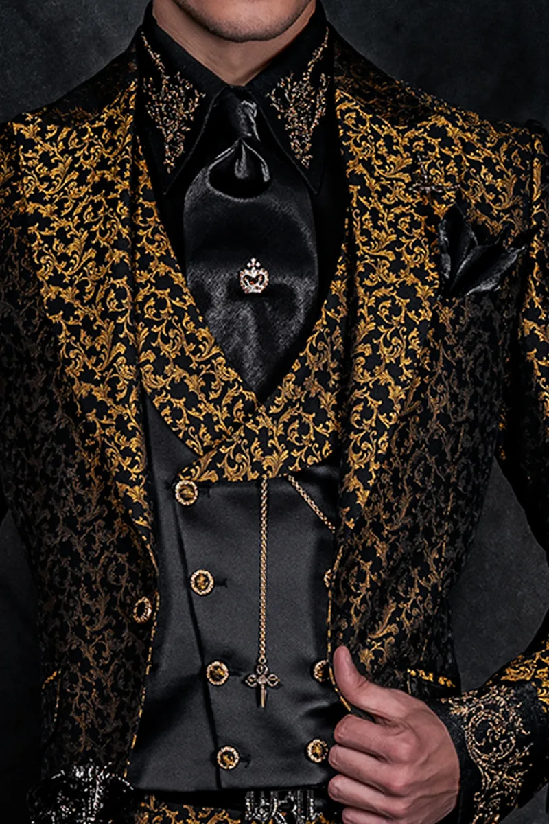 Costume italien de luxe en style gothique damassé noir et or 2