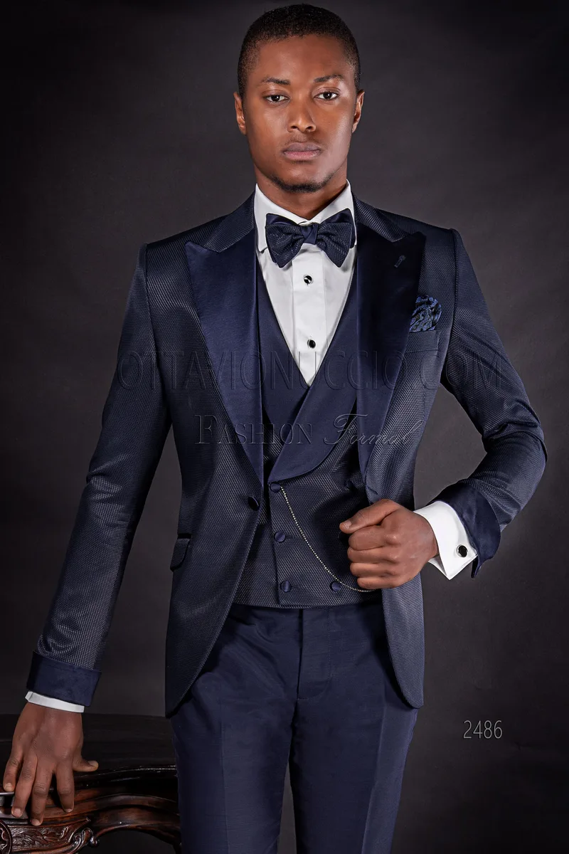 Costume italien moderne de mariage bleu en tissu jacquard 1