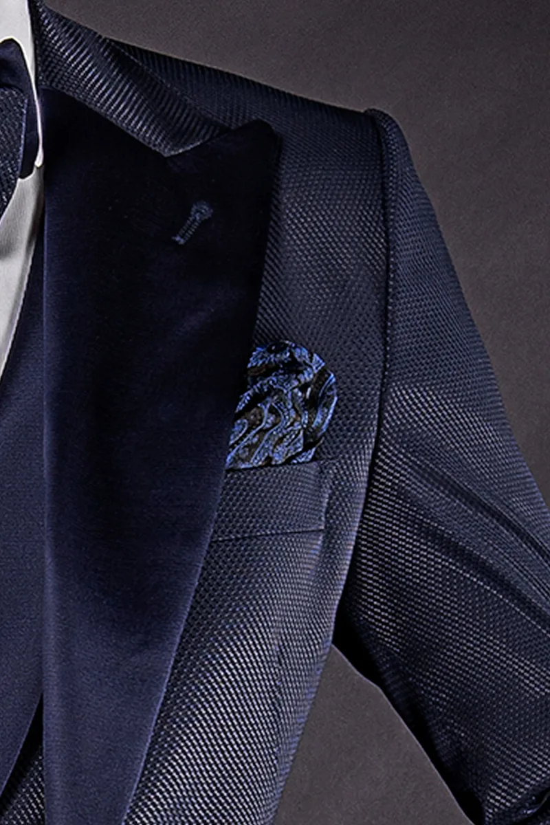 Costume italien moderne de mariage bleu en tissu jacquard 4