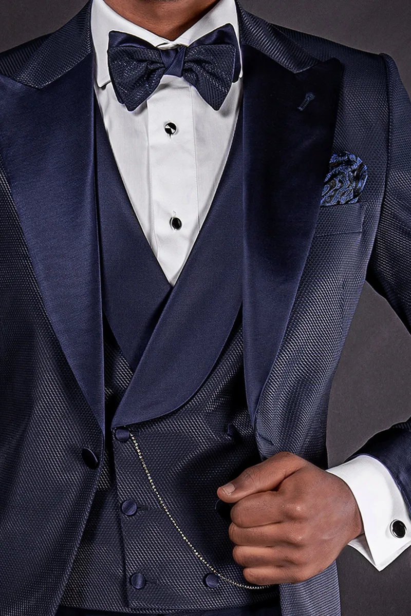 Costume italien moderne de mariage bleu en tissu jacquard 3