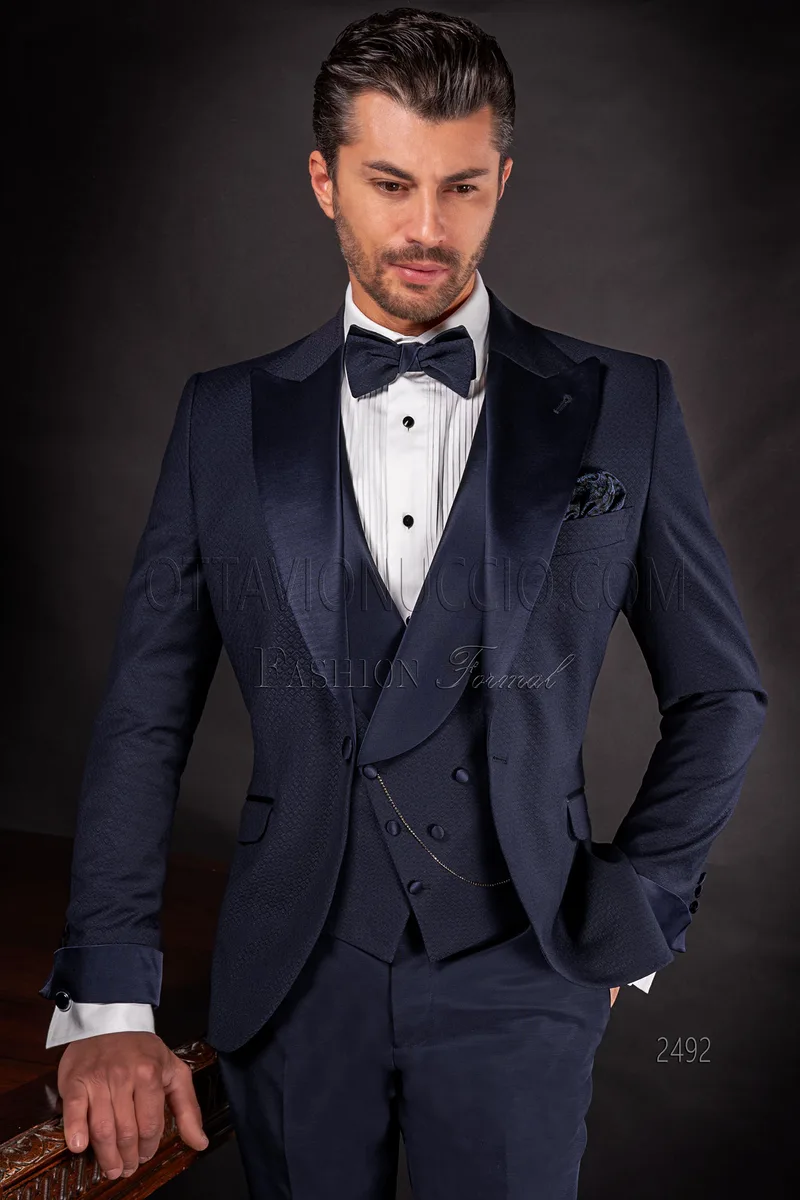 Italian luxury bespoke blue navy groom suit with satin peak lapel 1