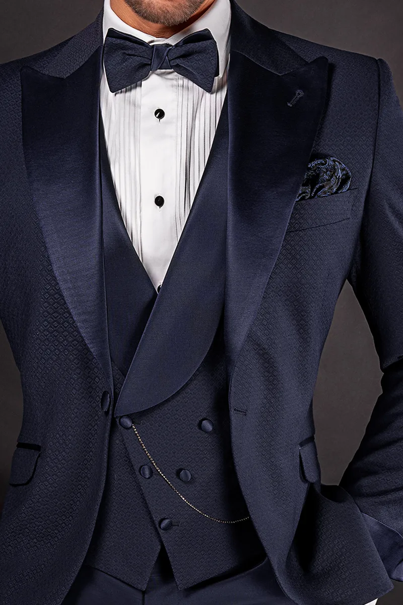 Italian luxury bespoke blue navy groom suit with satin peak lapel 3