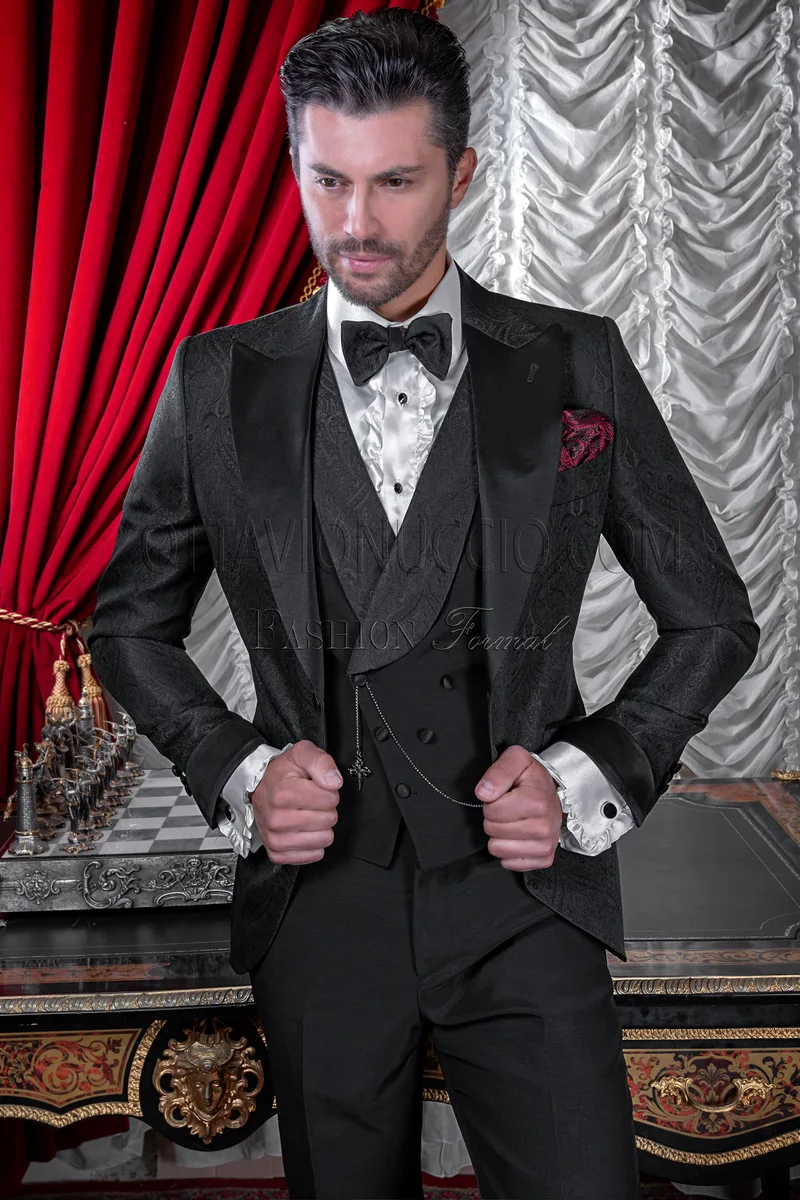 Black brocade italian luxury blazer with double breasted vest 1