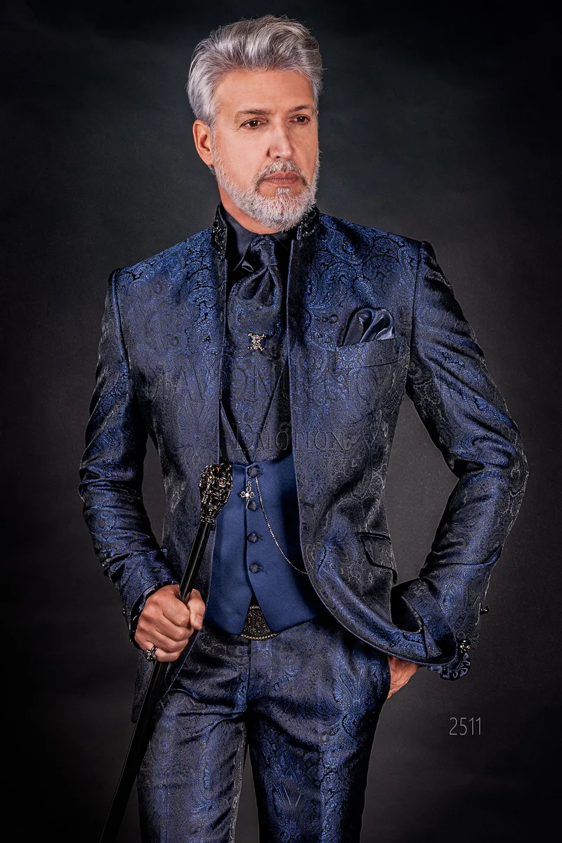 Luxury blue damask italian groom suit with Korean style collar 1