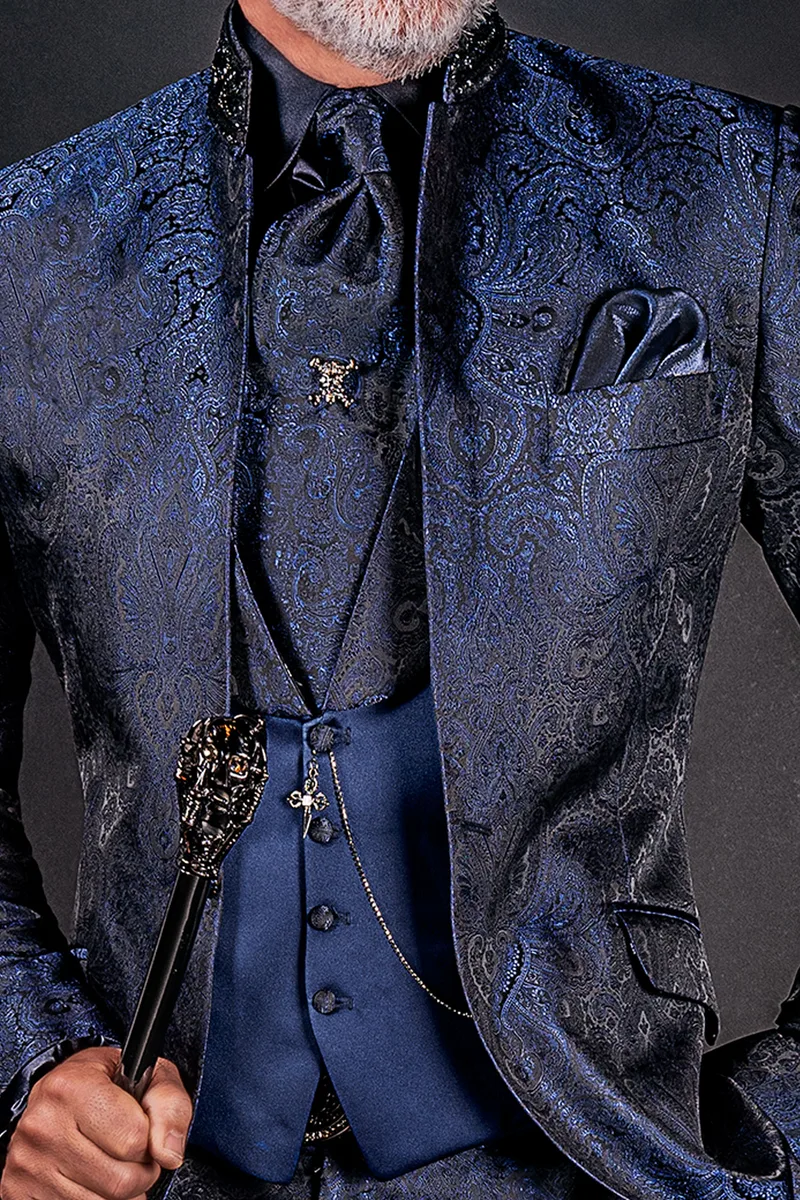 Luxury blue damask italian groom suit with Korean style collar 2