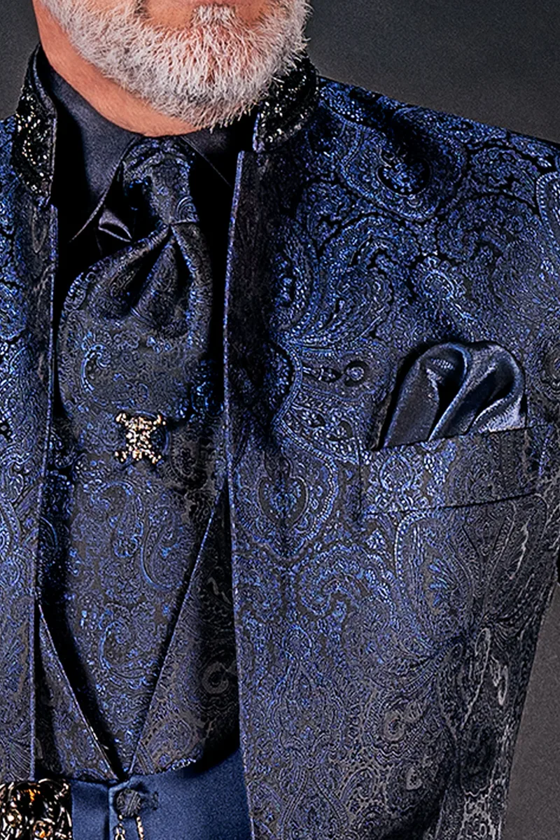 Luxury blue damask italian groom suit with Korean style collar 3