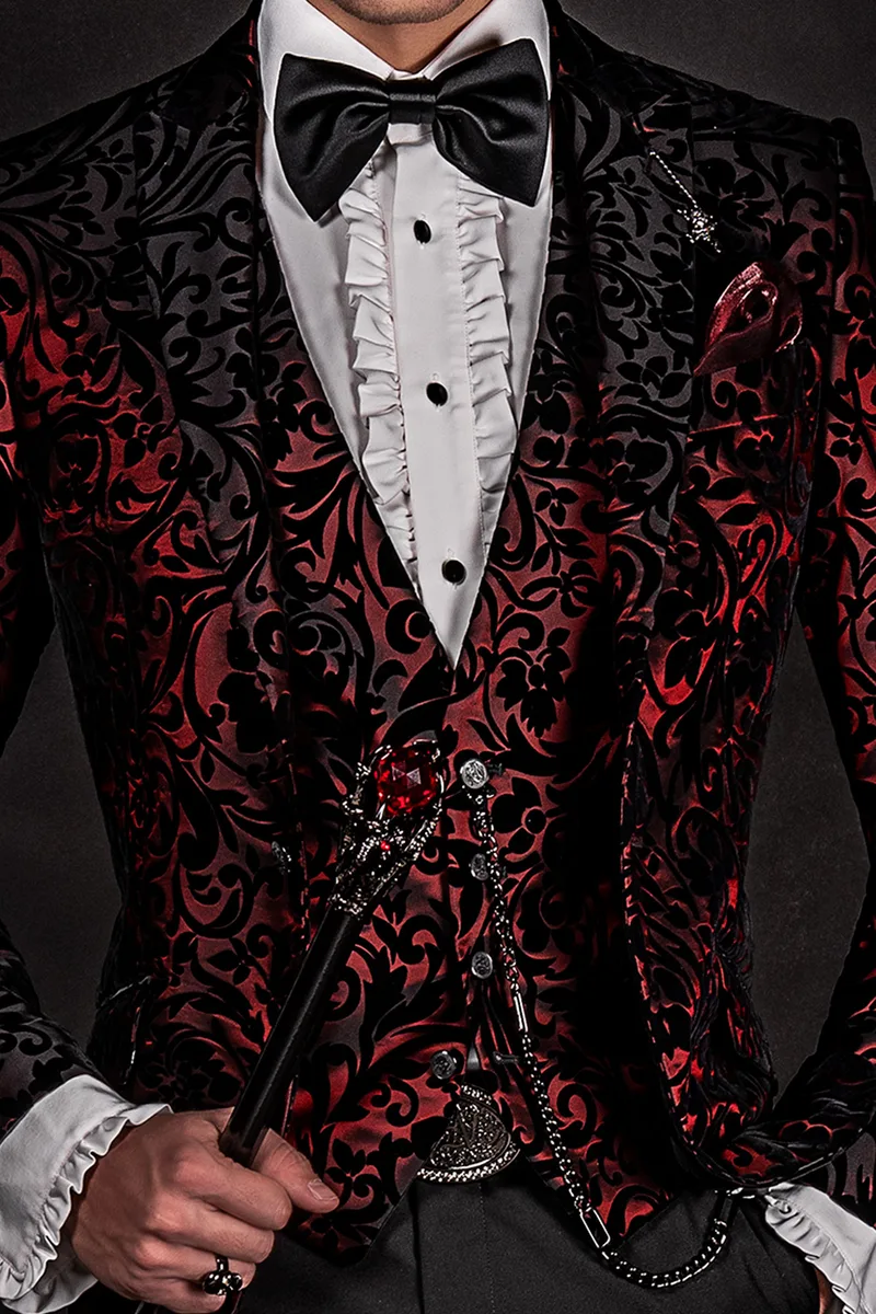 Italian luxury fashion man Blazer in red and black velvet brocade 2