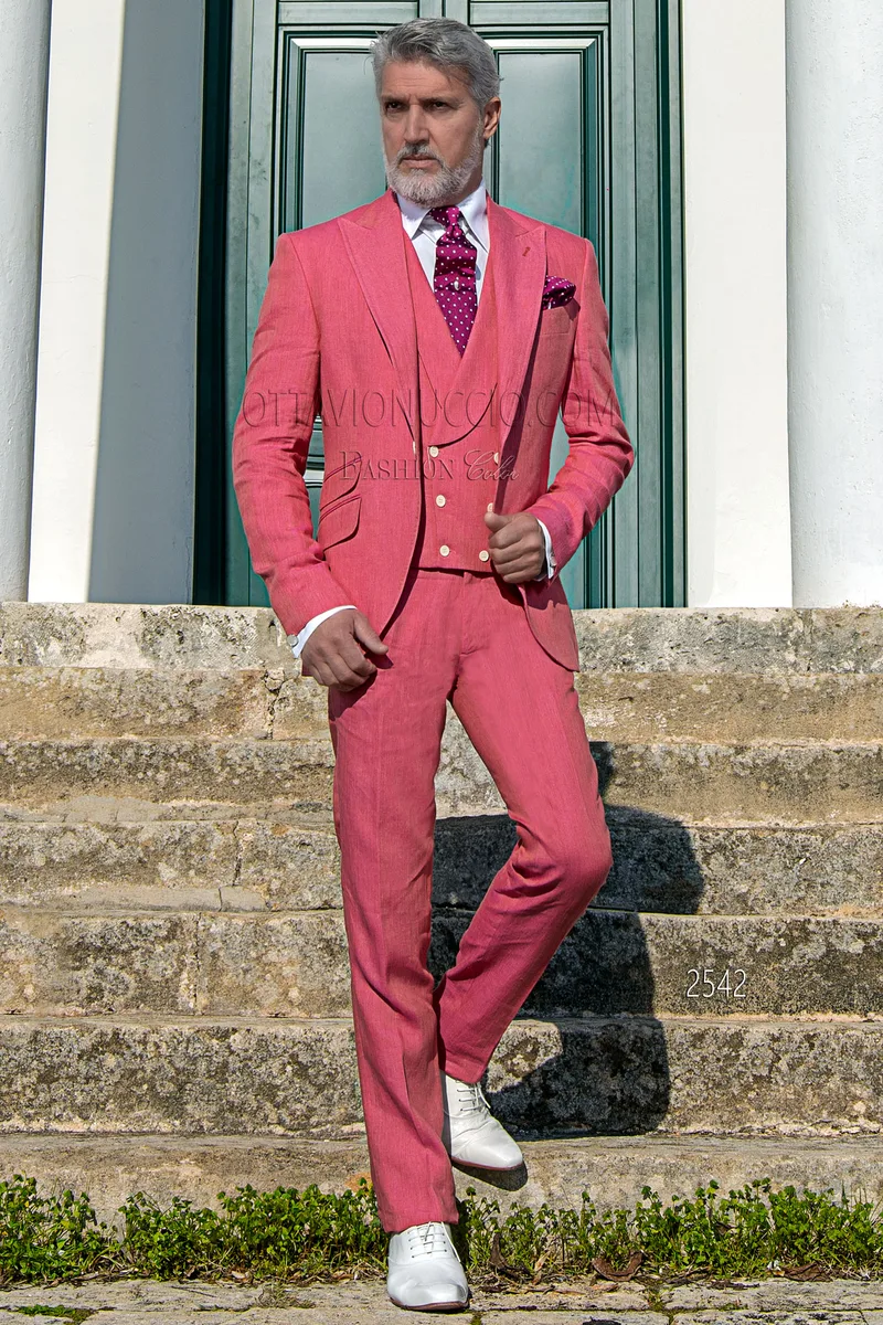 Luxury italian suit in fuchsia linen for summer wedding 1