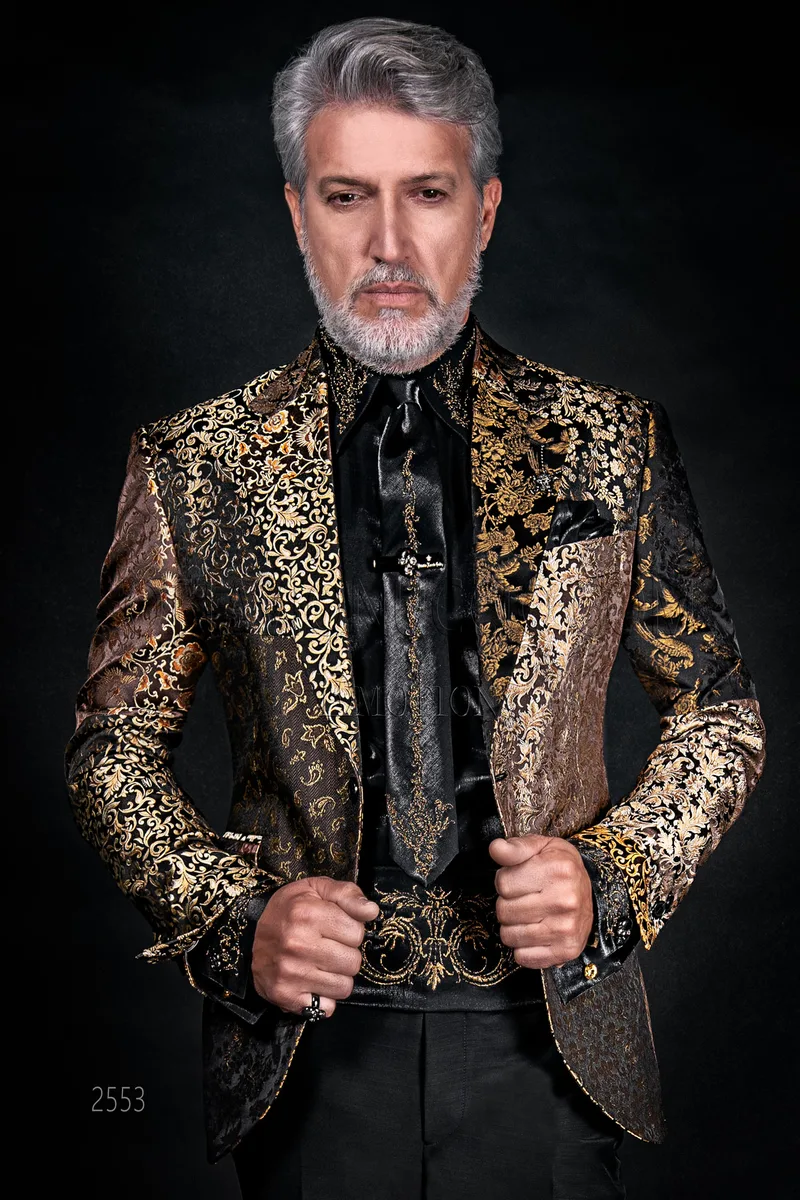 Herren Mode Patchwork Sakko aus golden reiner Jacquard Seide 1