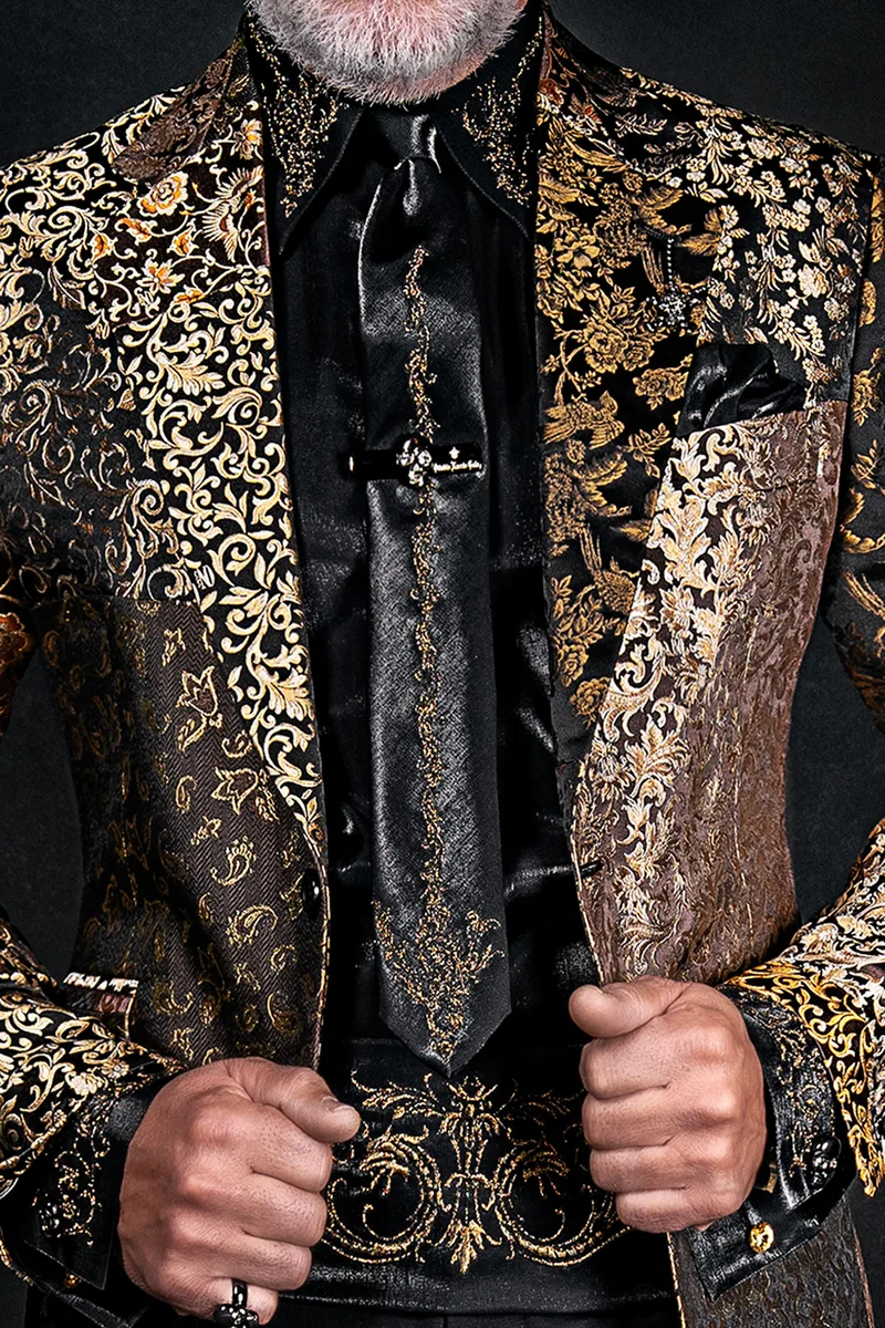 Camicia, Cravatta e Fascia in tessuto lurex nero con ricamo