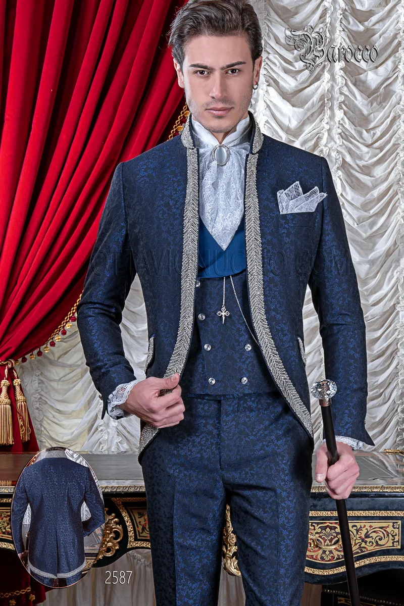 Luxury blue damask bespoke groom suit with crystal trimmings 1