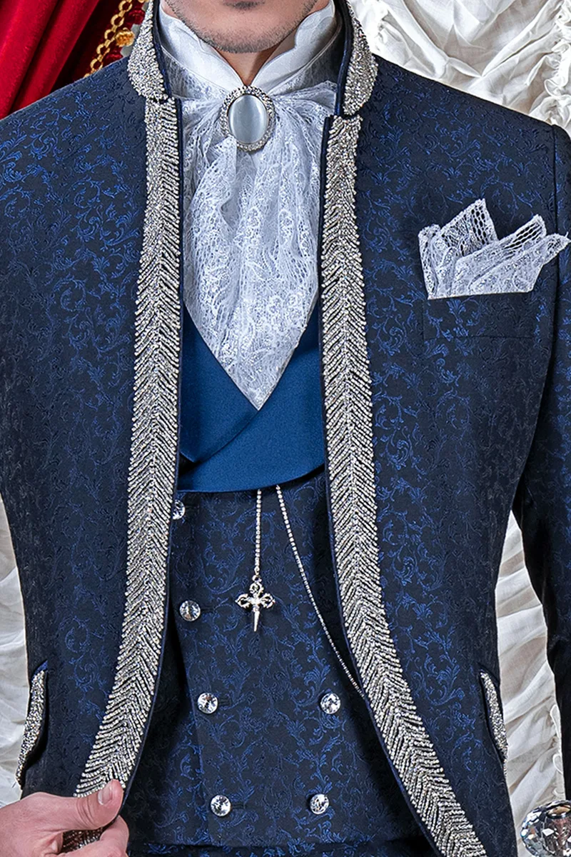 Luxury blue damask bespoke groom suit with crystal trimmings 2