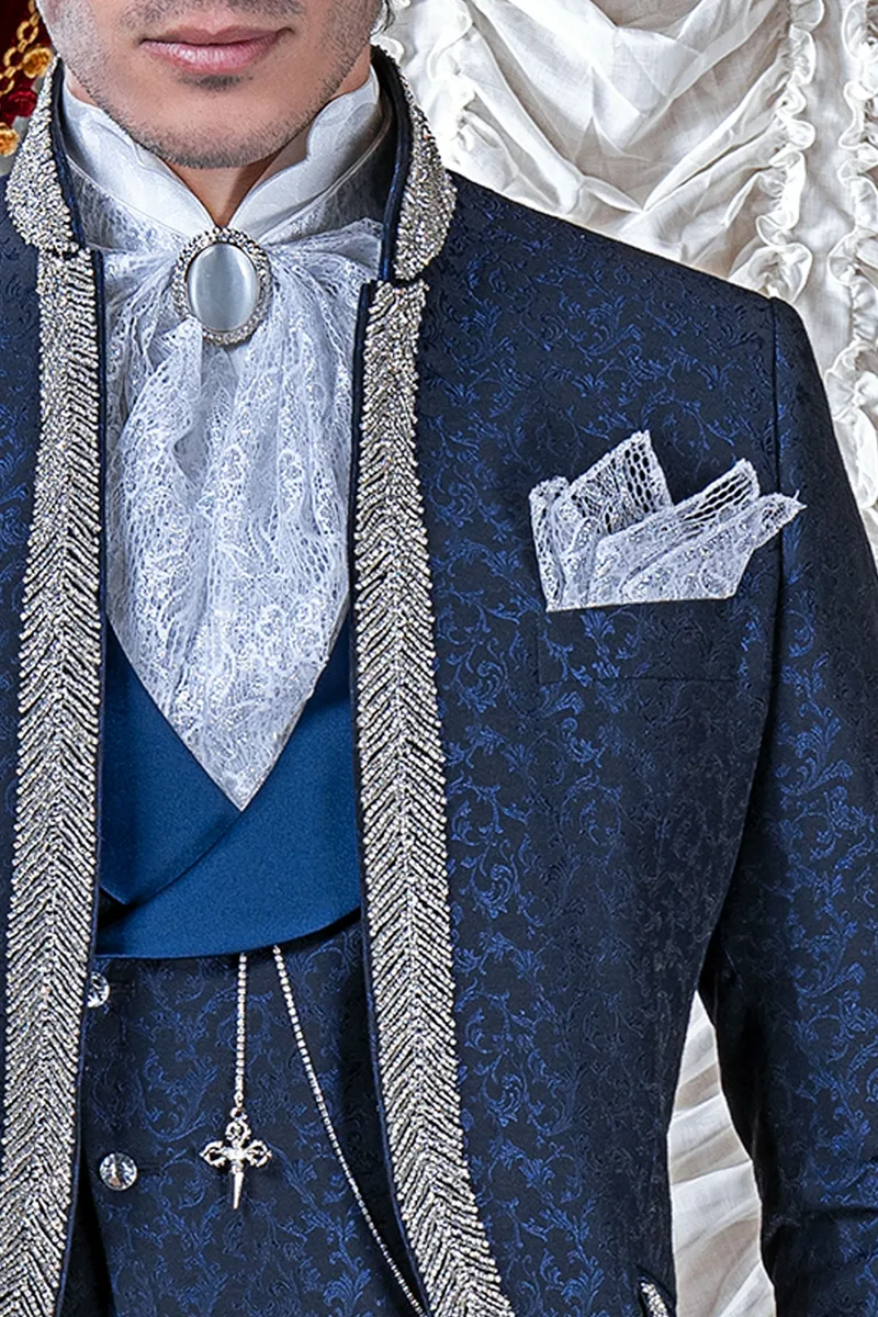Luxury blue damask bespoke groom suit with crystal trimmings 3