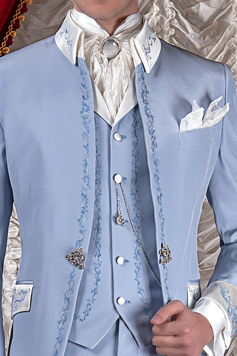 Gilet misto lana azzurro con ricamo a tono
