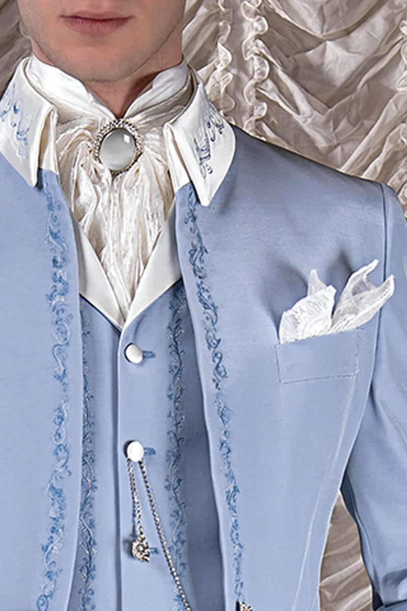 Bräutigam Gehrock Anzug im Barock Stil himmelblau mit blaue Stickerei 3