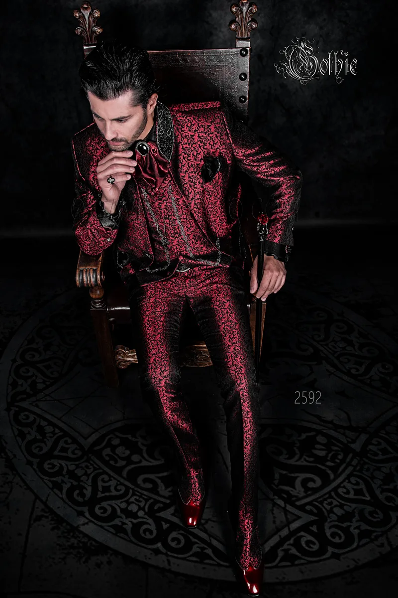 Gothic Frack Anzug aus roter Brokat mit schwarze Edelsteine Stehkragen 1