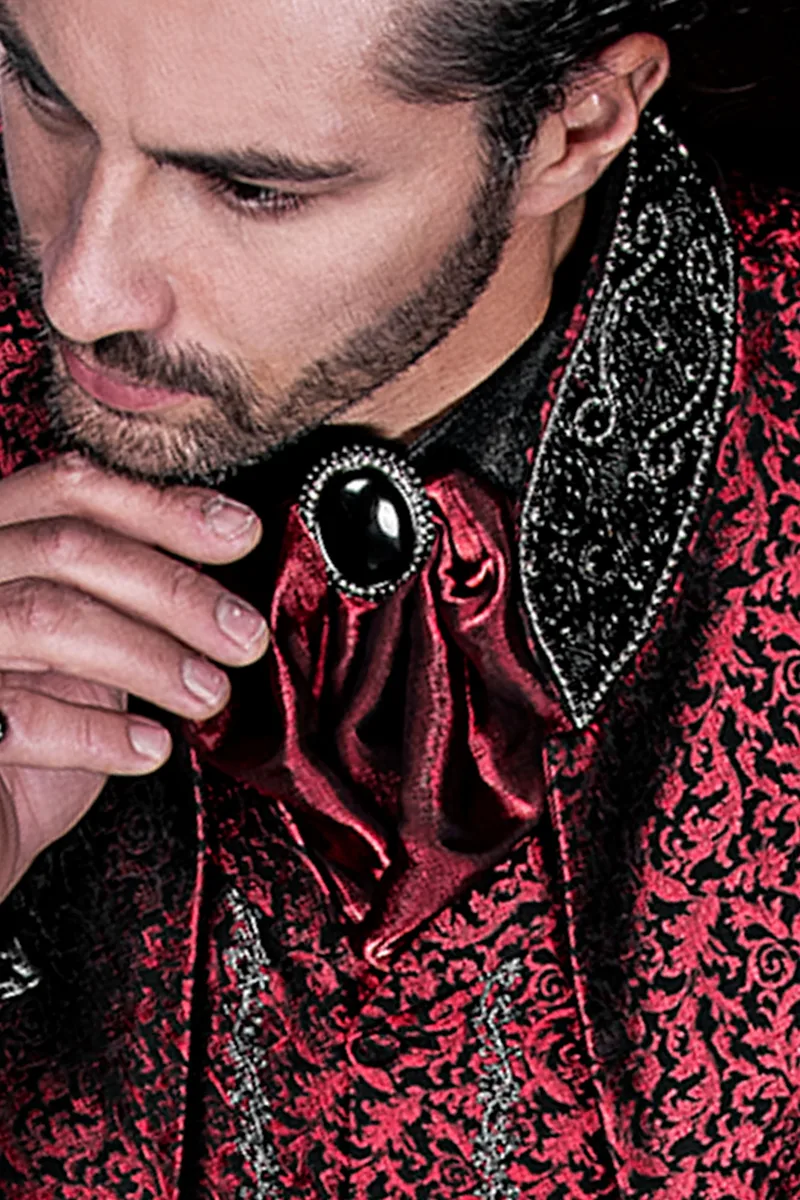 Gothic Frack Anzug aus roter Brokat mit schwarze Edelsteine Stehkragen 2