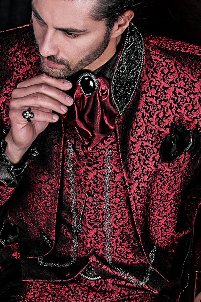 Gothic Frack Anzug aus roter Brokat mit schwarze Edelsteine Stehkragen 3