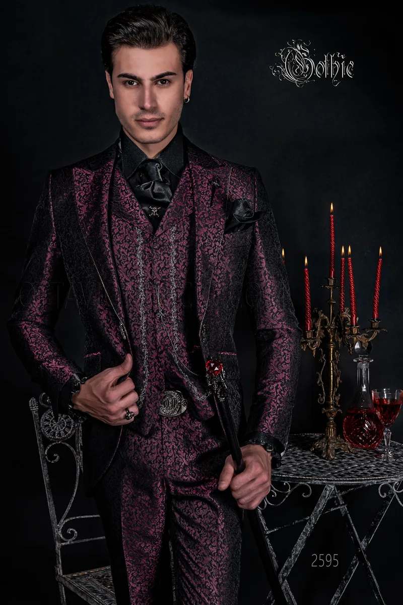 Bespoke luxury italian suits for gothic groom in purple brocade 1