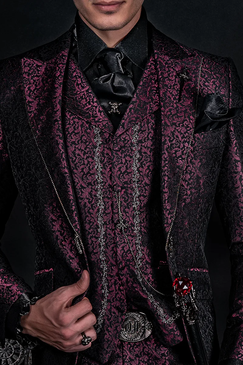 Bespoke luxury italian suits for gothic groom in purple brocade 2