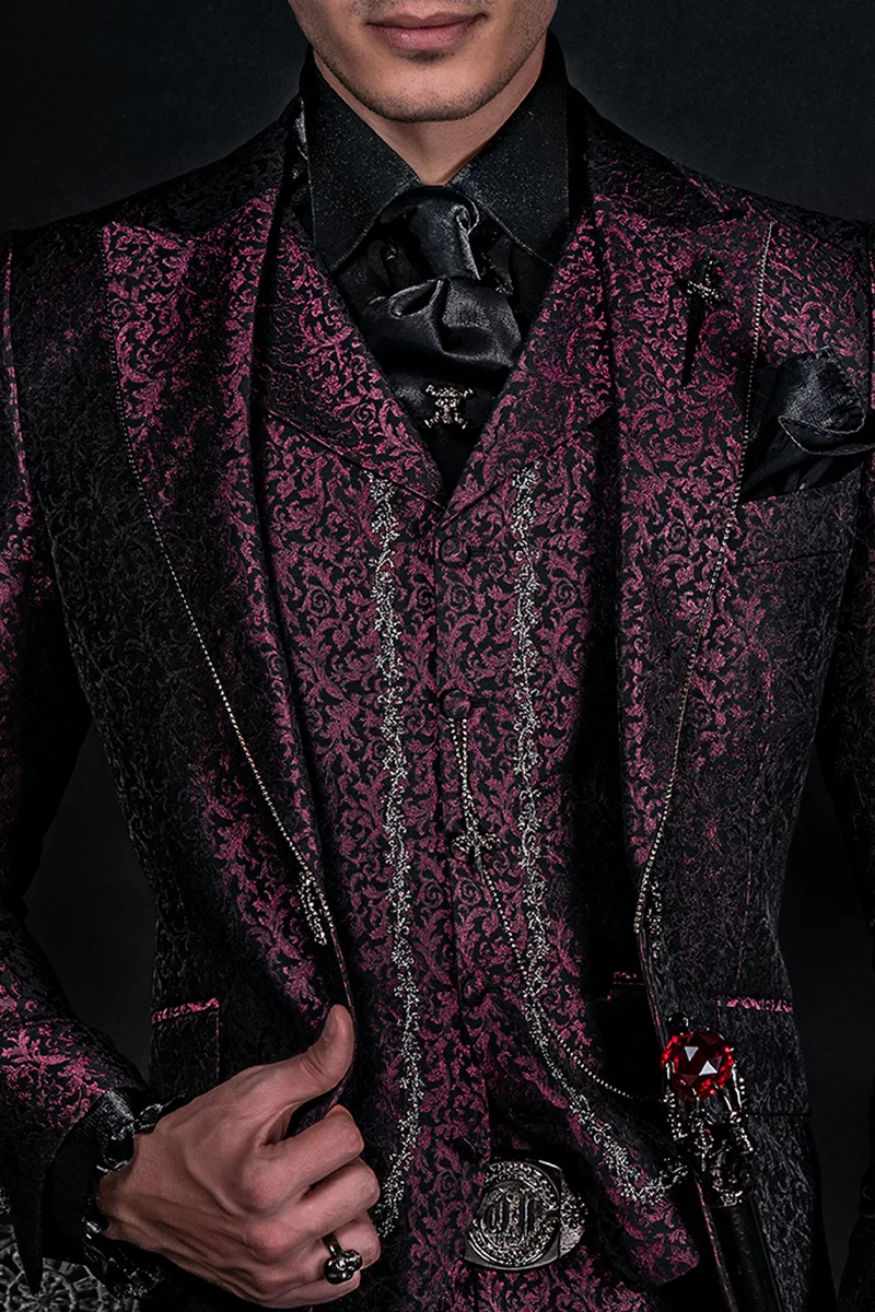 Bespoke luxury italian suits for gothic groom in purple brocade 3