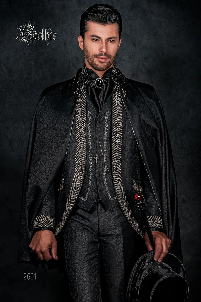 Gotisch Stil Hochzeit Gehrock Anzug aus schwarze Brokat mit Edelsteine 1