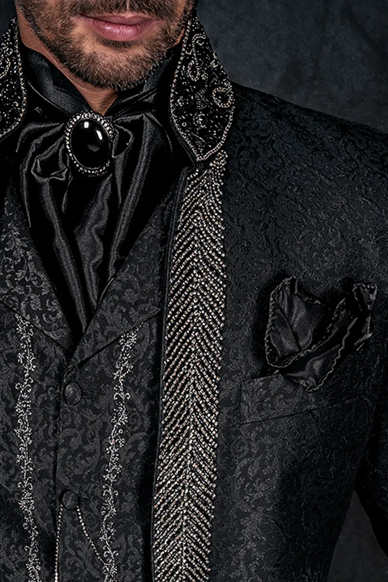 Gotisch Stil Hochzeit Gehrock Anzug aus schwarze Brokat mit Edelsteine 3